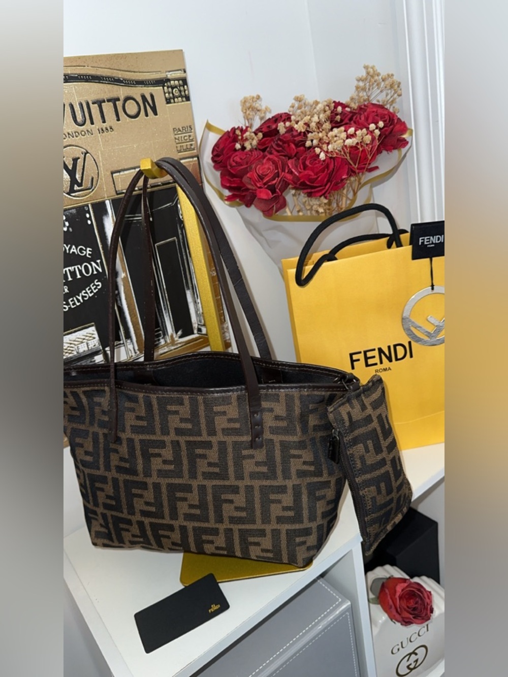 Fendi Brown and Black FF Logo mini Canvas Tote with pouch